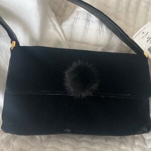 Kate Spade New York Tryst Black Velvet Mink Pom Pom Small Purse NWT